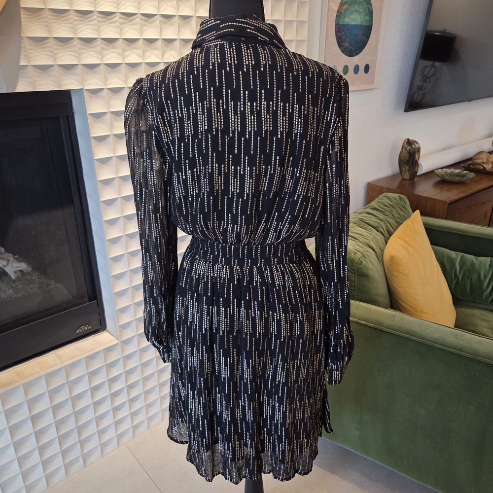 New Lipsy London Metallic Stripe Shirt Dress Black, NWT Gold Silver, Size 6 - Picture 4 of 6